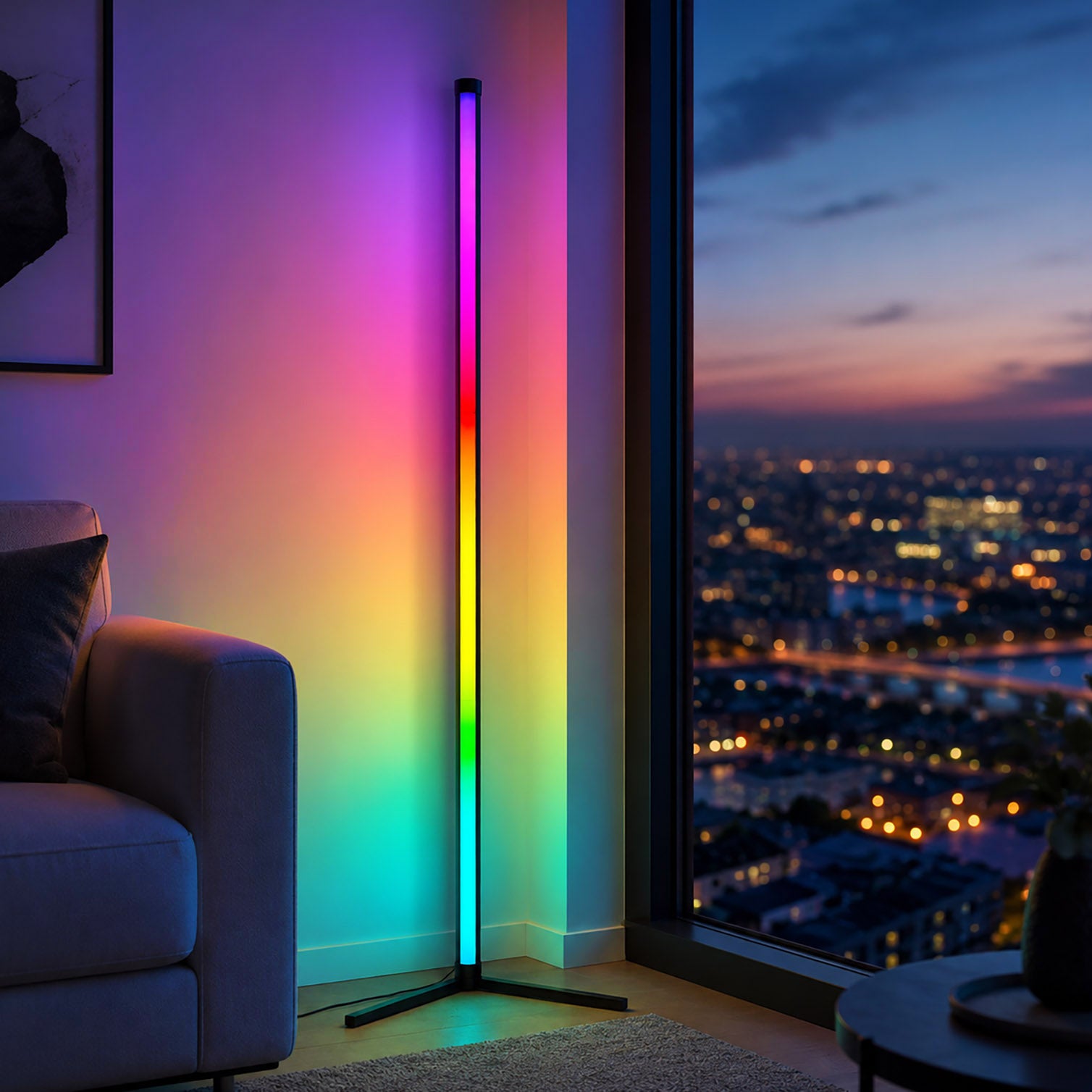 Colorful LED floor lamp in a room with a cityscape view
