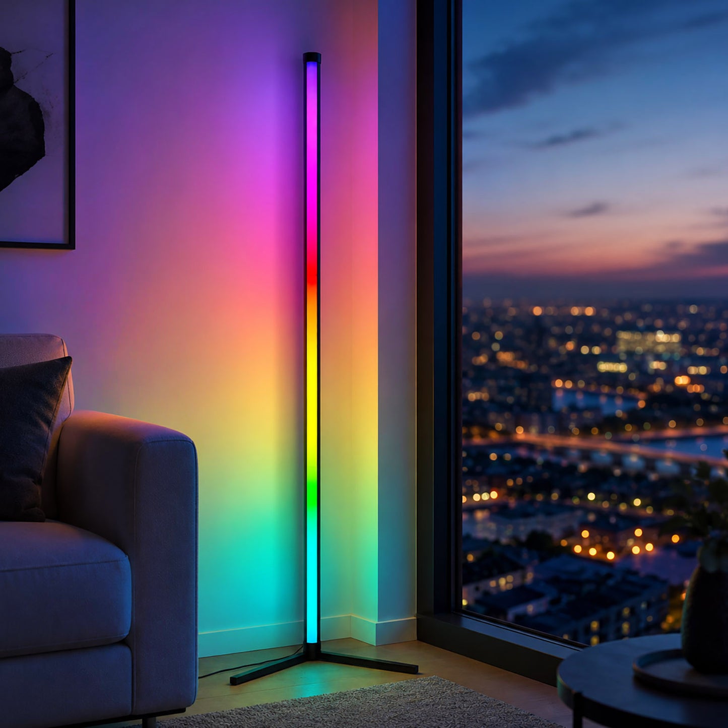 Colorful LED floor lamp in a room with a cityscape view