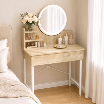 Luxe LED White Makeup Vanity Dressing Table with Mirror & Drawer (Coastal Oak)