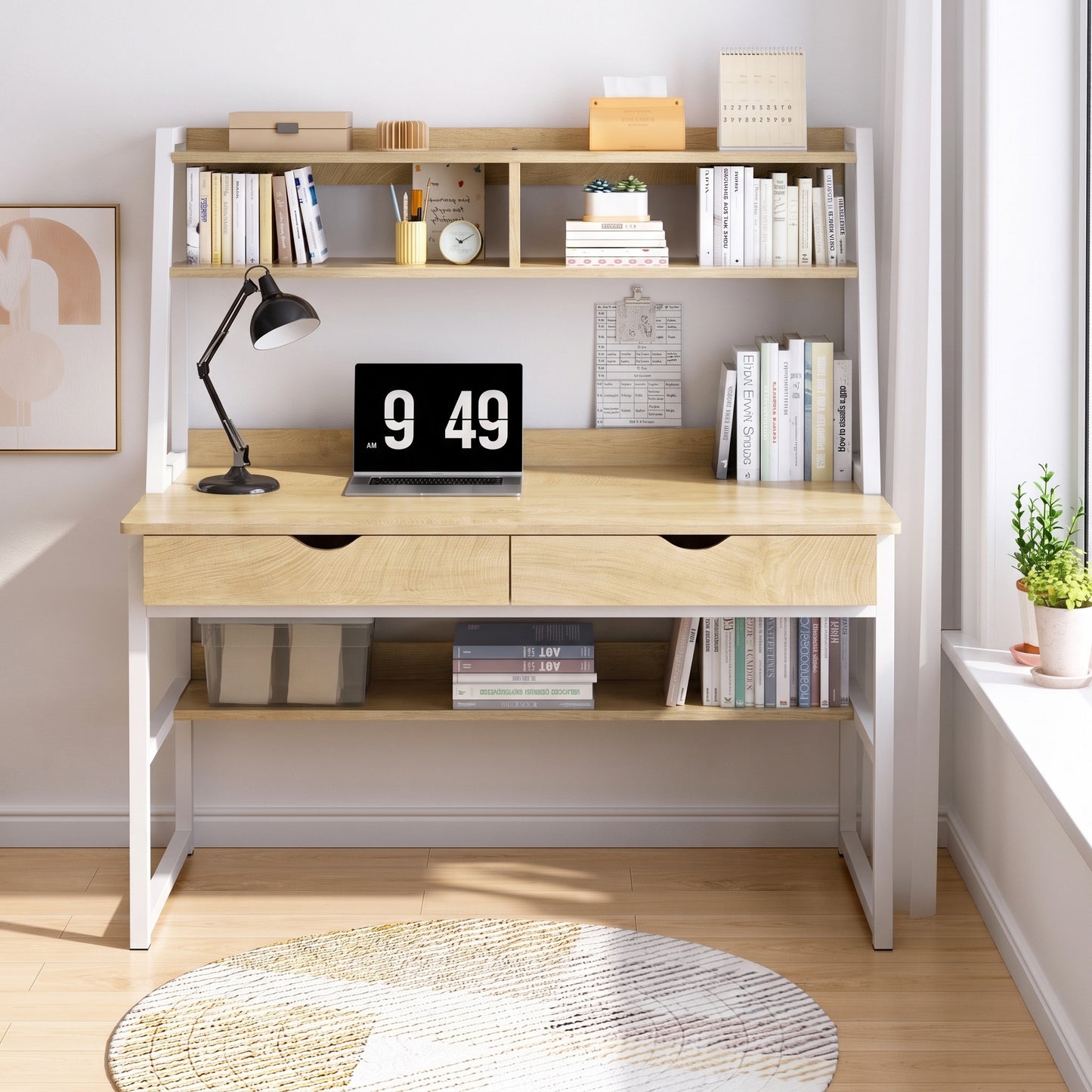 Enterprise Large Computer Desk Workstation with Shelves & Drawers (Natural Oak)