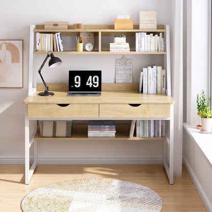 Enterprise Large Computer Desk Workstation with Shelves & Drawers (Natural Oak)
