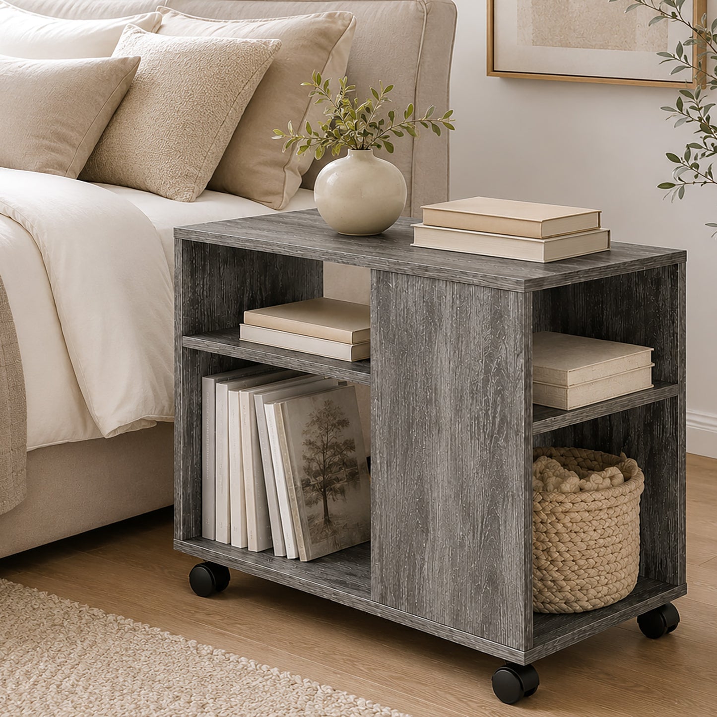 Versatile Sofa Side Table & Magazine Shelf with Casters (Driftwood)