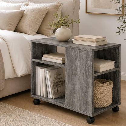 Versatile Sofa Side Table & Magazine Shelf with Casters (Driftwood)