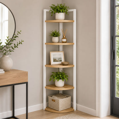 Optima 5 Tier Wood & Steel Corner Shelf Organizer Unit (Rustic Oak & White)