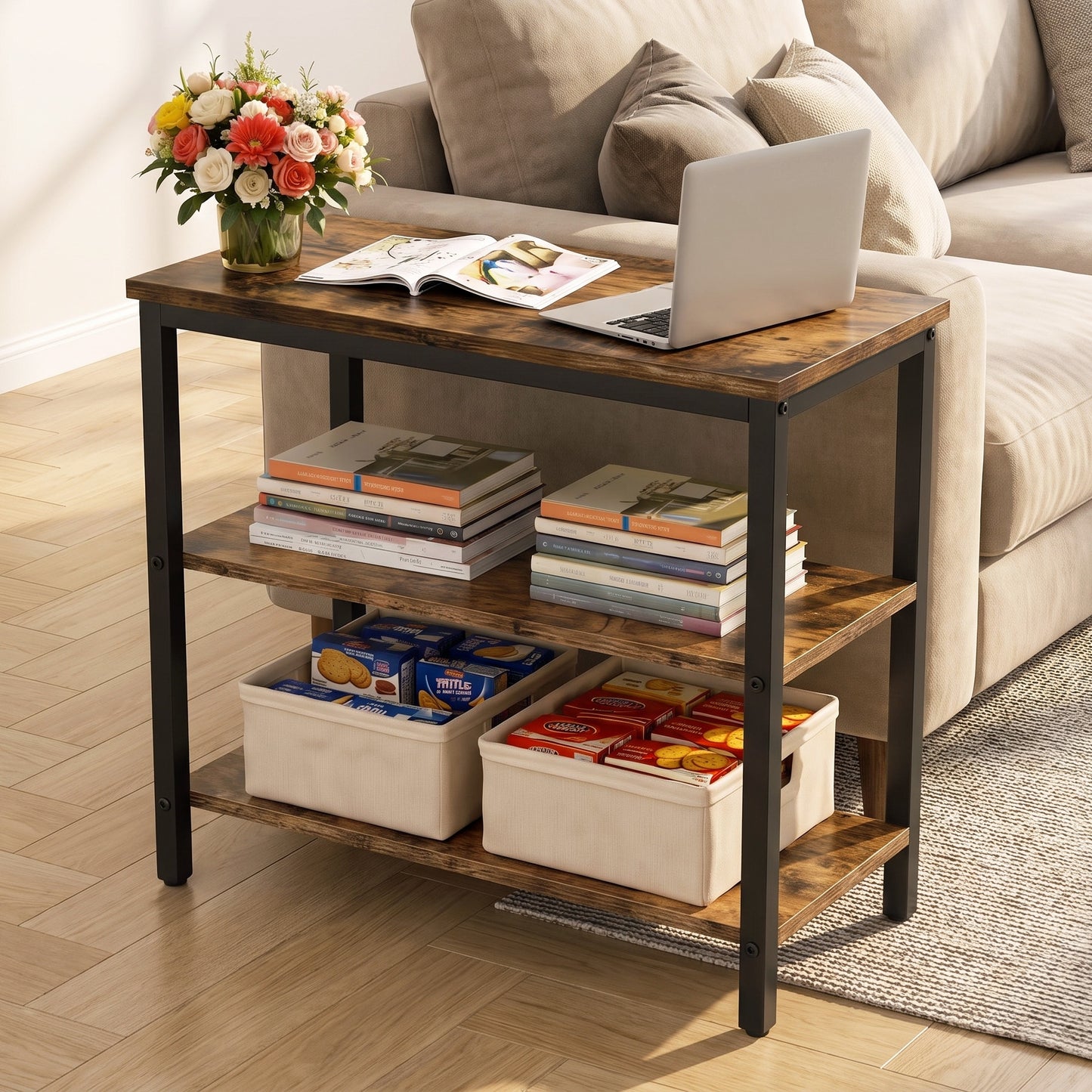 Rustic Industrial 3 Tier Storage Shelf Console Side End Table