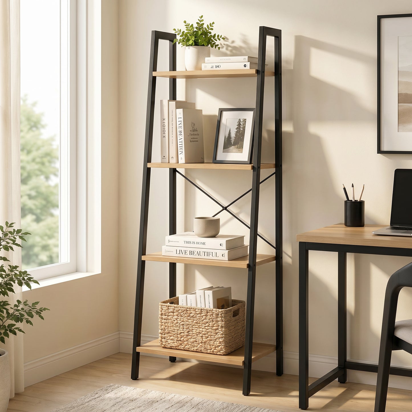 Elevate Rustic Oak 4-Tier Ladder Shelf Wood & Metal Bookcase Storage Organizer