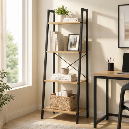 Elevate Rustic Oak 4-Tier Ladder Shelf Wood & Metal Bookcase Storage Organizer