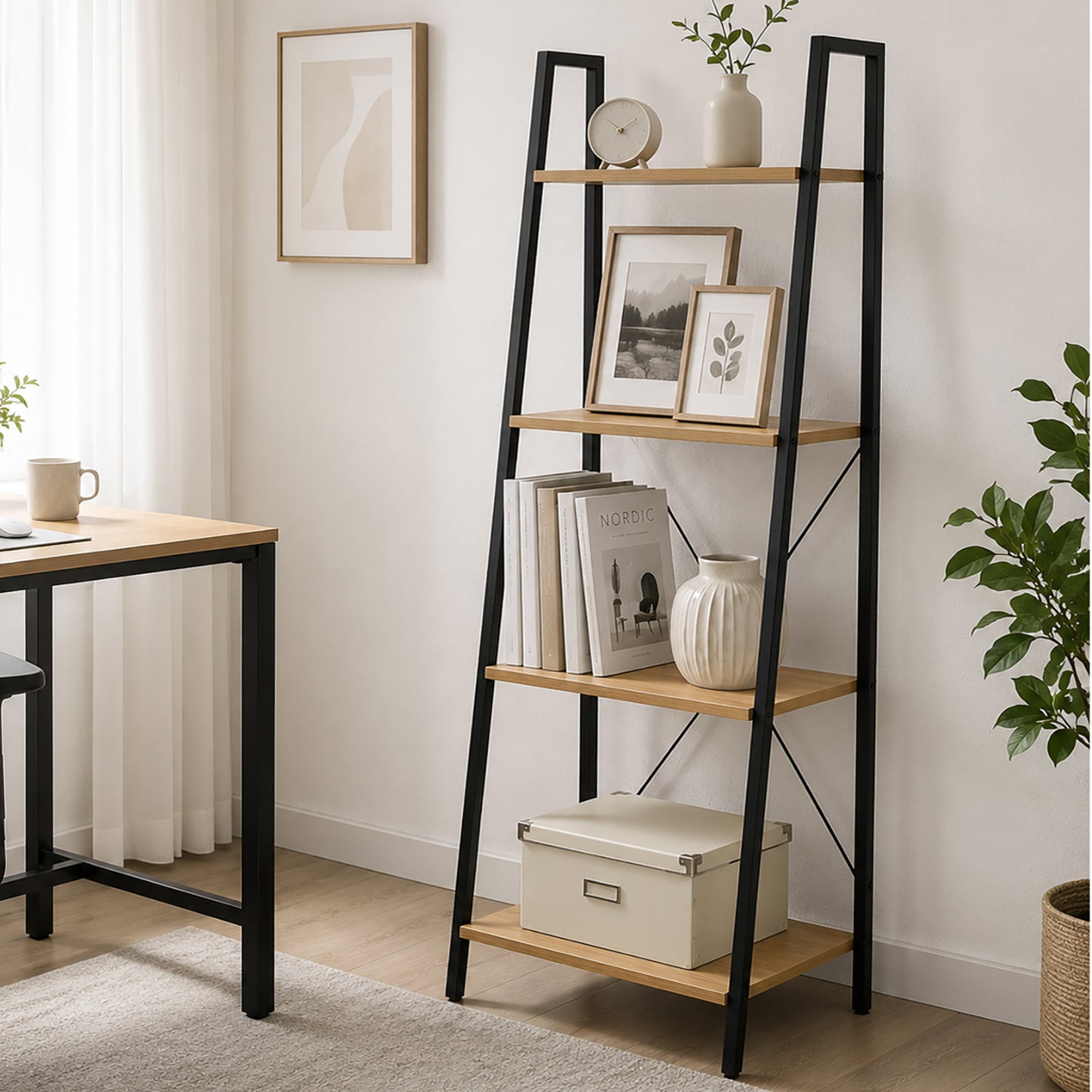 Elevate Rustic Oak 4-Tier Ladder Shelf Wood & Metal Bookcase Storage Organizer