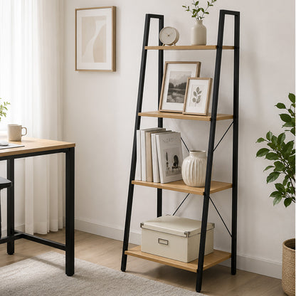 Elevate Rustic Oak 4-Tier Ladder Shelf Wood & Metal Bookcase Storage Organizer