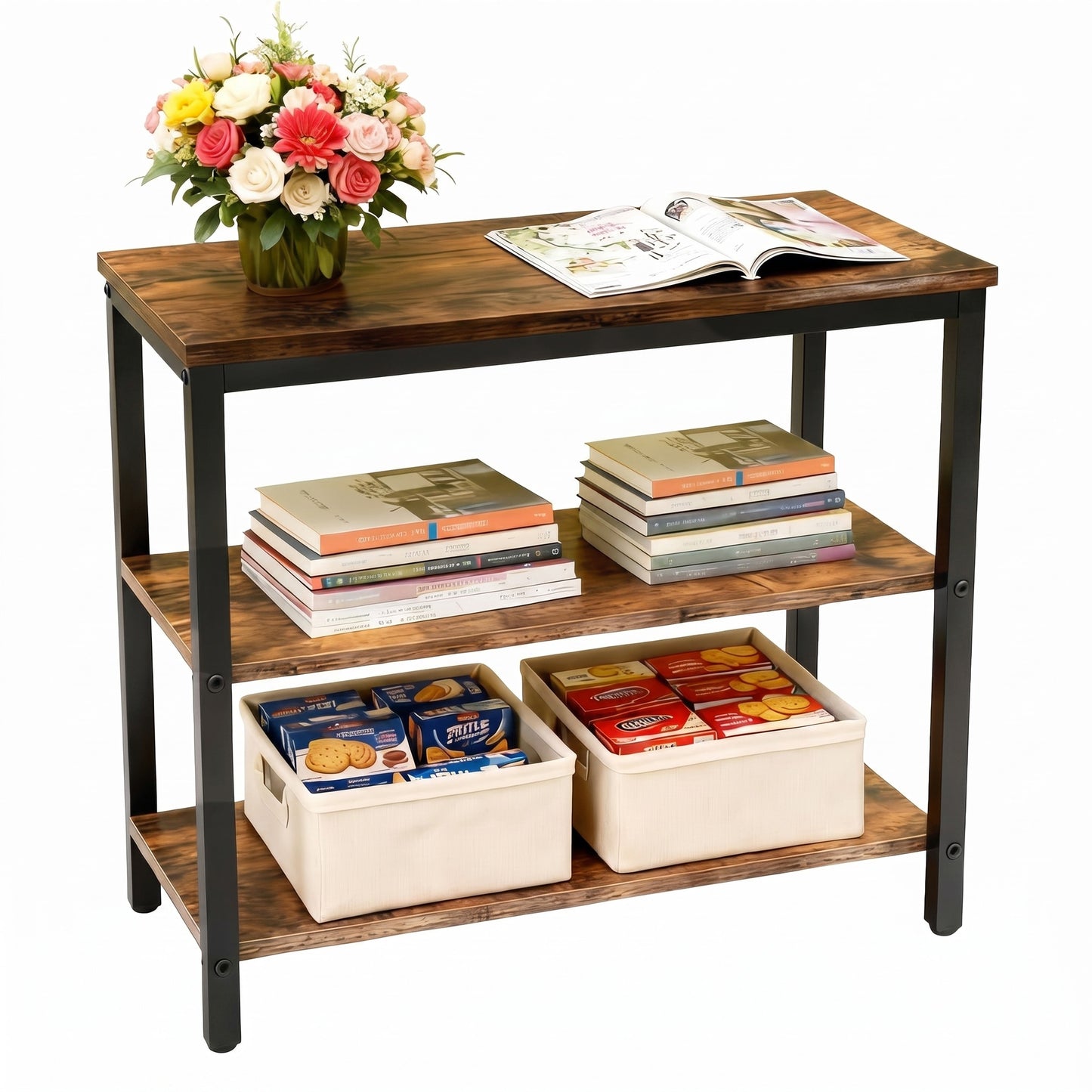 Rustic Industrial 3 Tier Storage Shelf Console Side End Table
