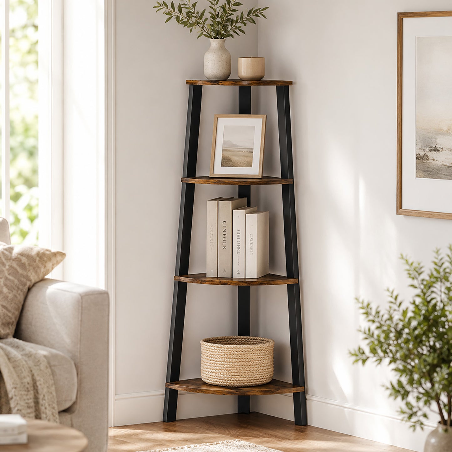 4-Tier Corner Ladder Shelf Unit Rustic Wood & Steel Display Stand Storage Rack