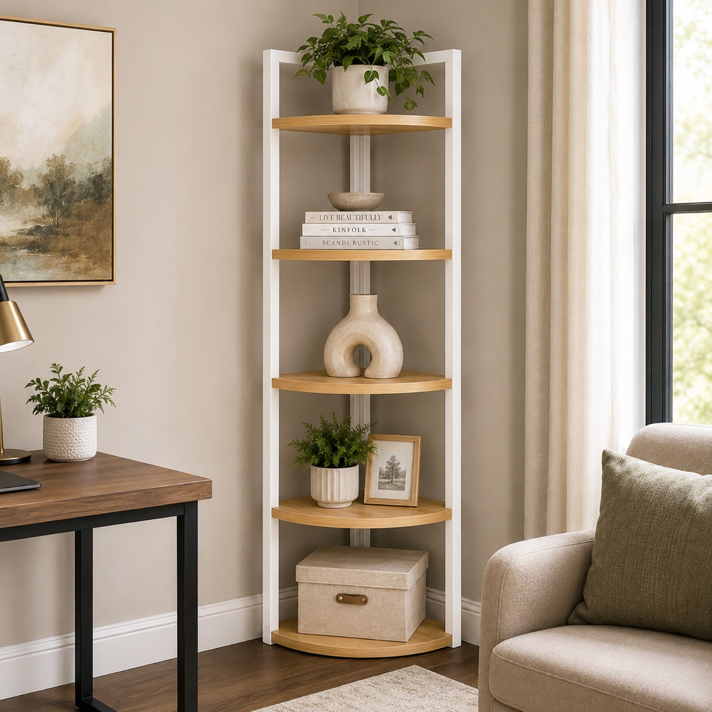 Optima 5 Tier Wood & Steel Corner Shelf Organizer Unit (Rustic Oak & White)