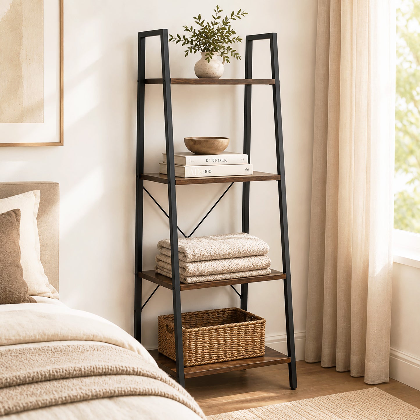 Elevate Rustic Wood & Metal 4-Tier Ladder Shelf Bookcase Storage Organizer