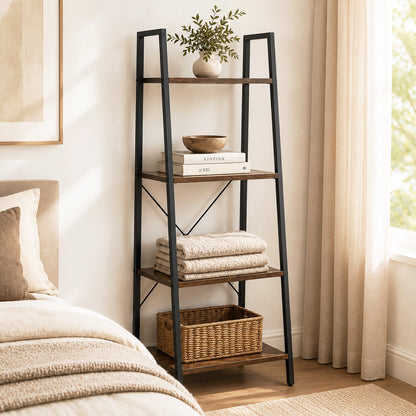 Elevate Rustic Wood & Metal 4-Tier Ladder Shelf Bookcase Storage Organizer