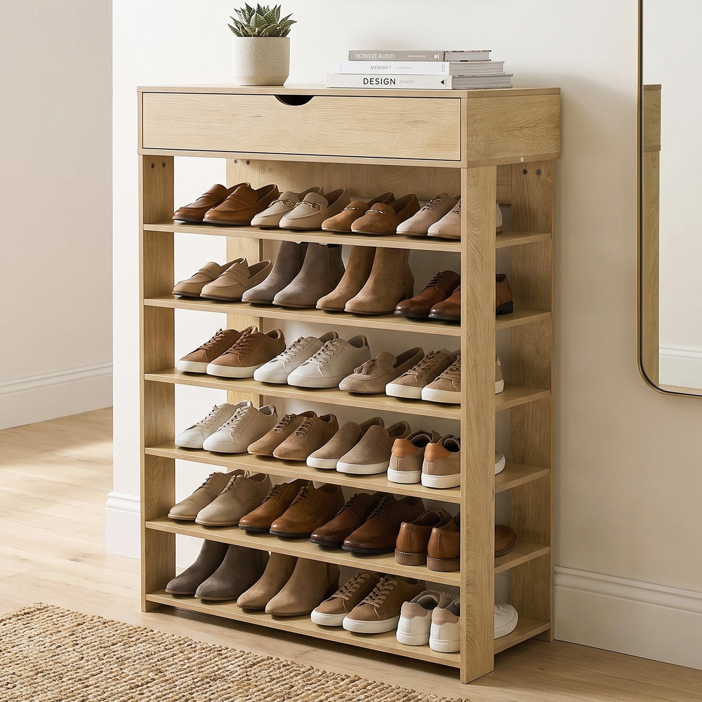 Fiesta 7 Tier Extra Spacious Wooden Shoe Rack Organizer Shelf Cabinet (Natural Oak)
