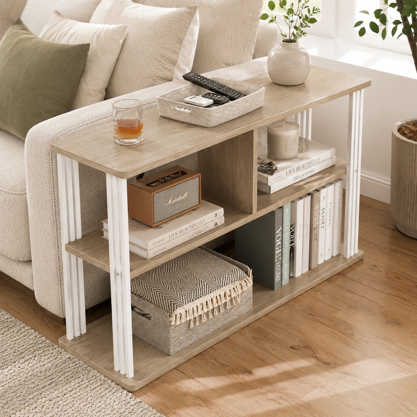 Icon Wood and Steel Sofa Side Table with Shelves (Coastal Oak)