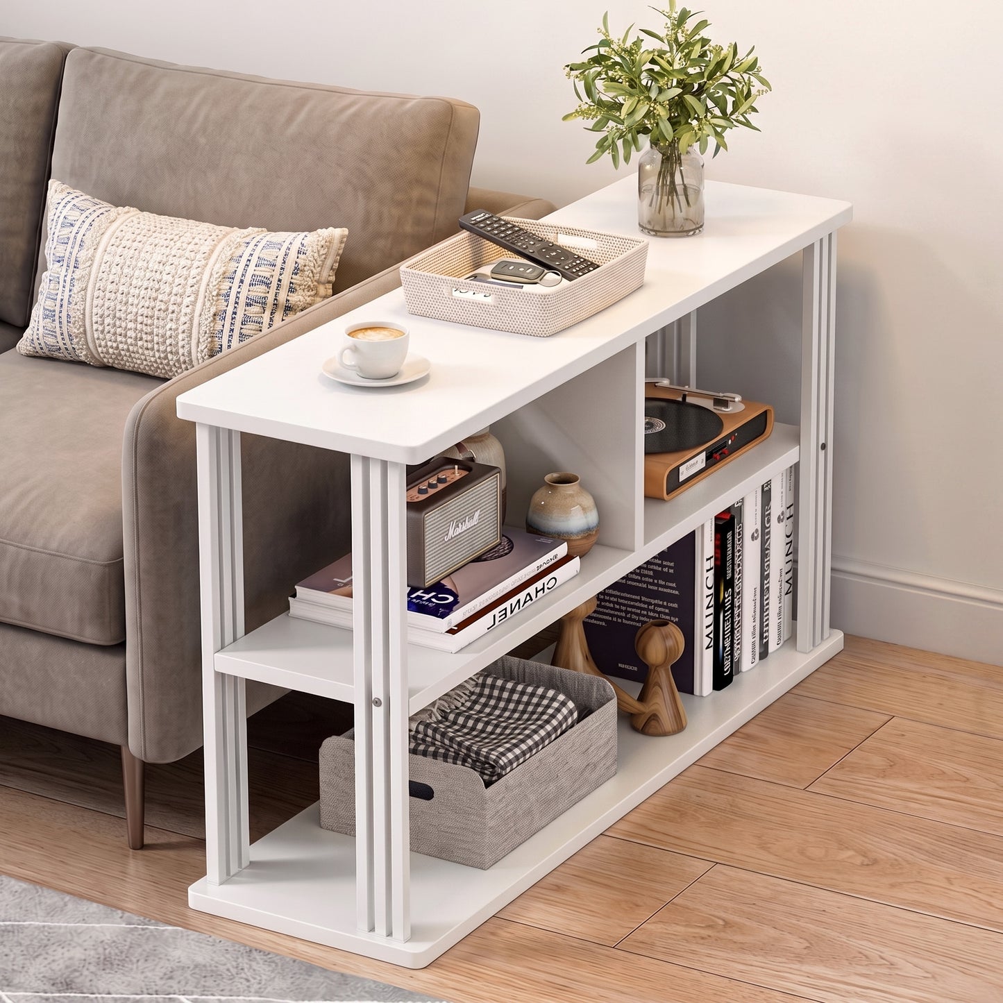 Icon Wood and Steel Sofa Side Table with Shelves (White)