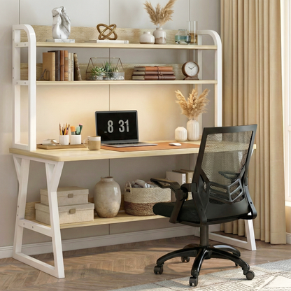 Aspire Large Industrial Office Computer Desk Workstation with Bookshelf (White Oak)