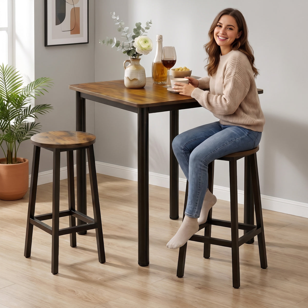 Foundry Tall Industrial Rustic Wood & Metal Square Bar Dining Table