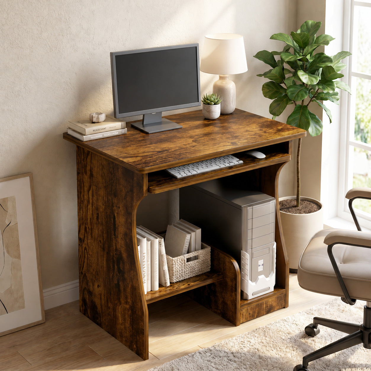 Essential Computer Desk with Shelves (Rustic Wood)