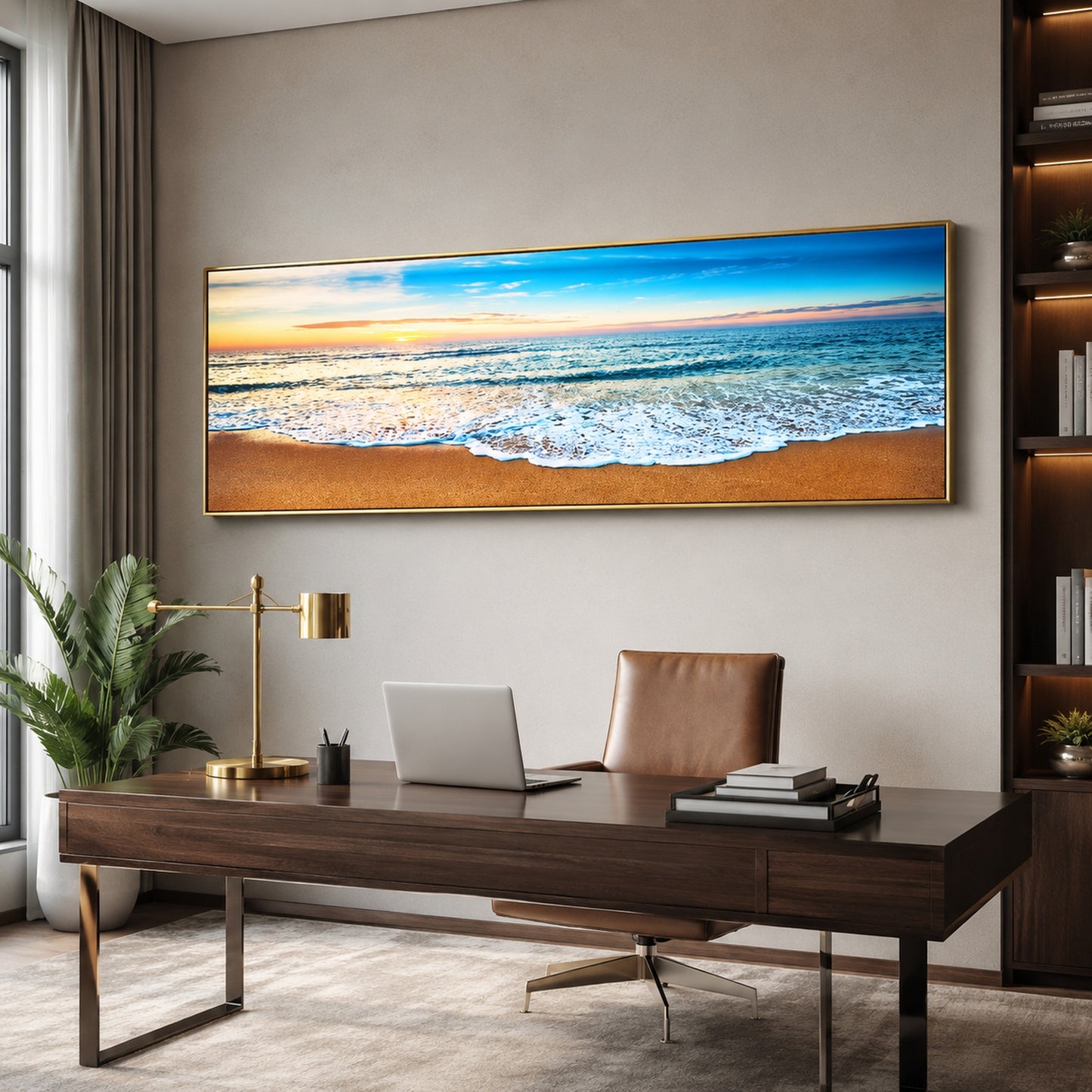 Beach Painting Framed Long Canvas Wall Art - 100cm x 30cm