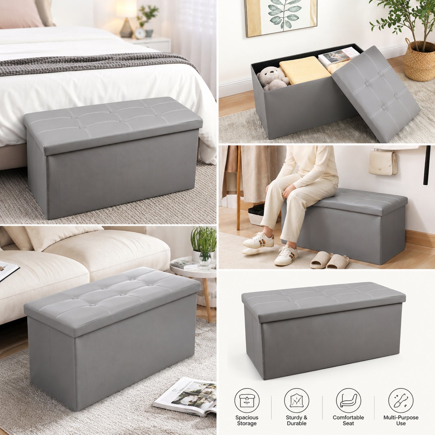 XL Rectangle PU Leather Ottoman Foldable Storage Stool (Grey)