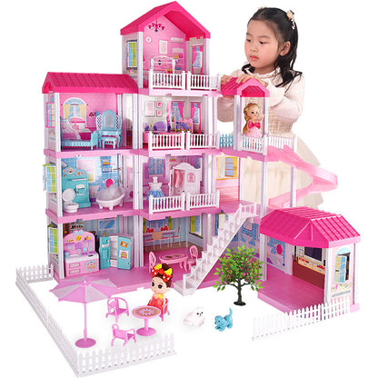 4-level Large Mansion Dreamhouse Castle Doll House Palace Toy Set with Dolls & Furniture