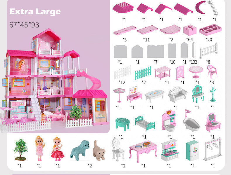 4-level Large Mansion Dreamhouse Castle Doll House Palace Toy Set with Dolls & Furniture