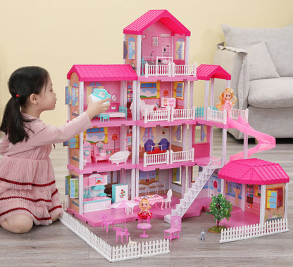 4-level Large Mansion Dreamhouse Castle Doll House Palace Toy Set with Dolls & Furniture