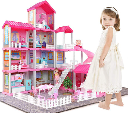 4-level Large Mansion Dreamhouse Castle Doll House Palace Toy Set with Dolls & Furniture