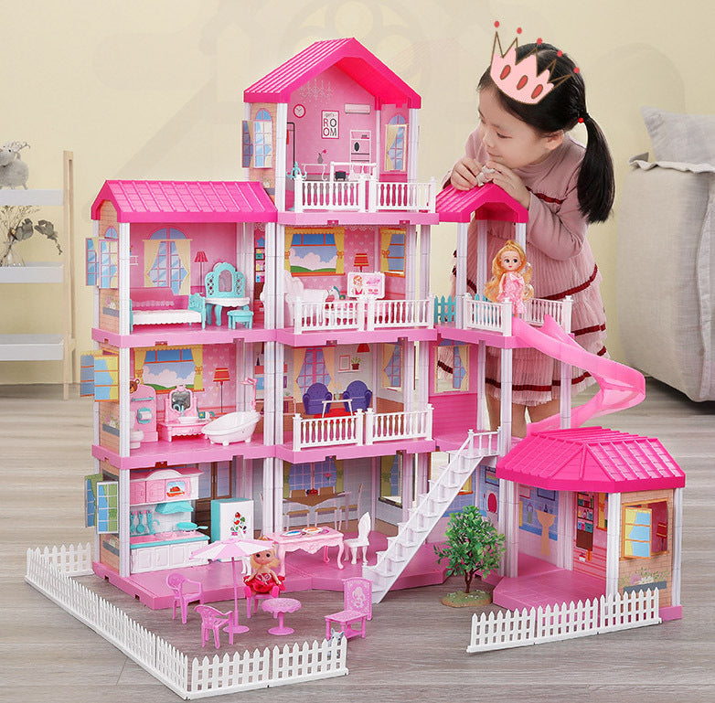 4-level Large Mansion Dreamhouse Castle Doll House Palace Toy Set with Dolls & Furniture