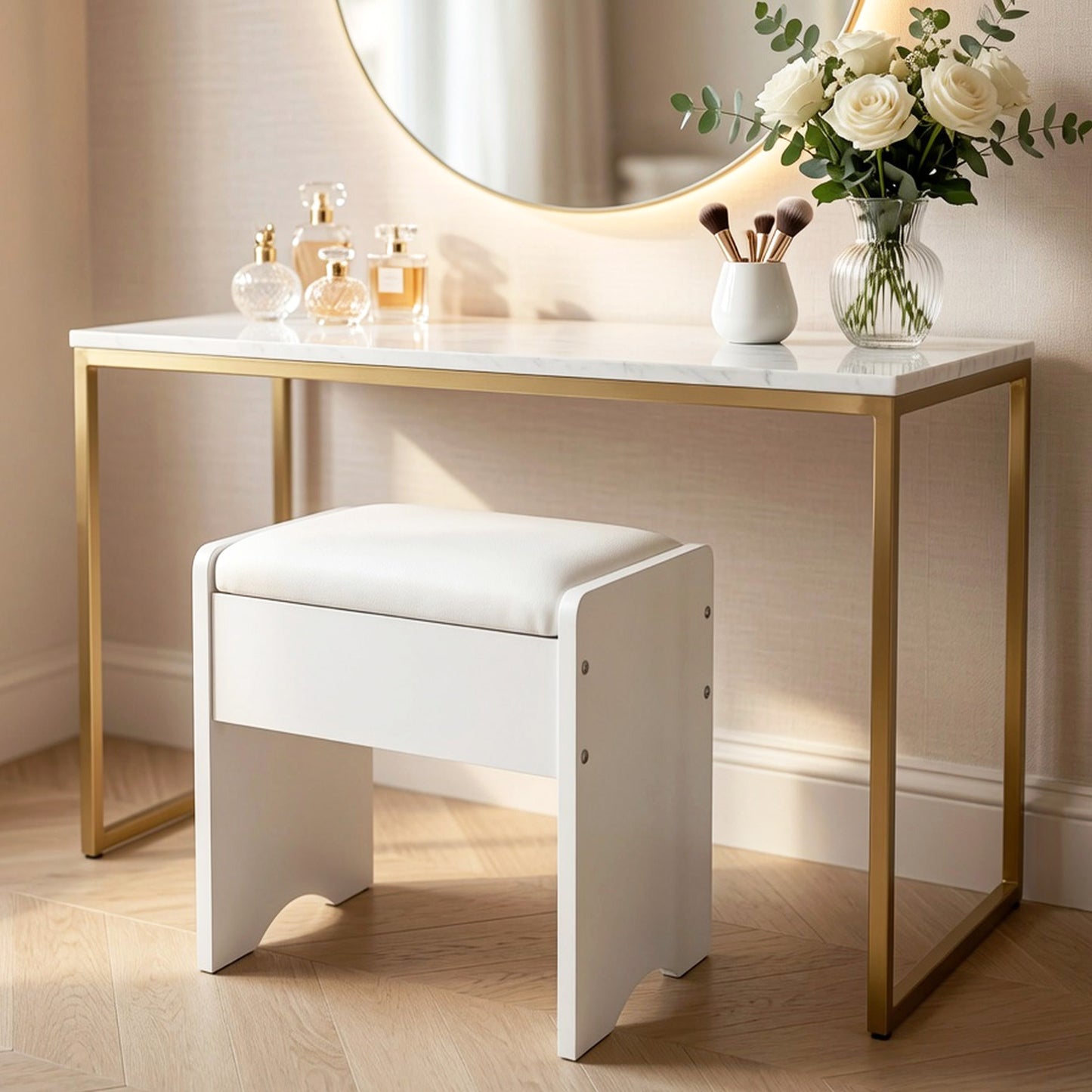 Modern White Multipurpose Padded Vanity Dressing Stool