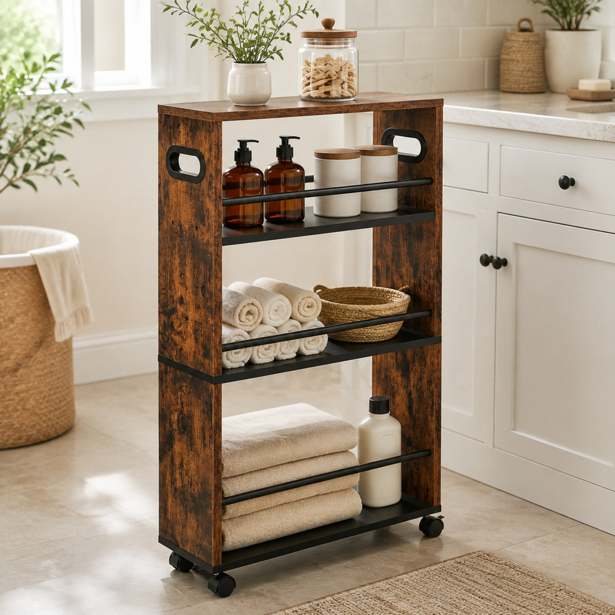3-Tier Rustic Wood Rolling Storage Utility Cart Organizer Shelf Trolley