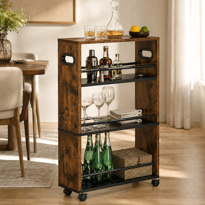 3-Tier Rustic Wood Rolling Storage Utility Cart Organizer Shelf Trolley