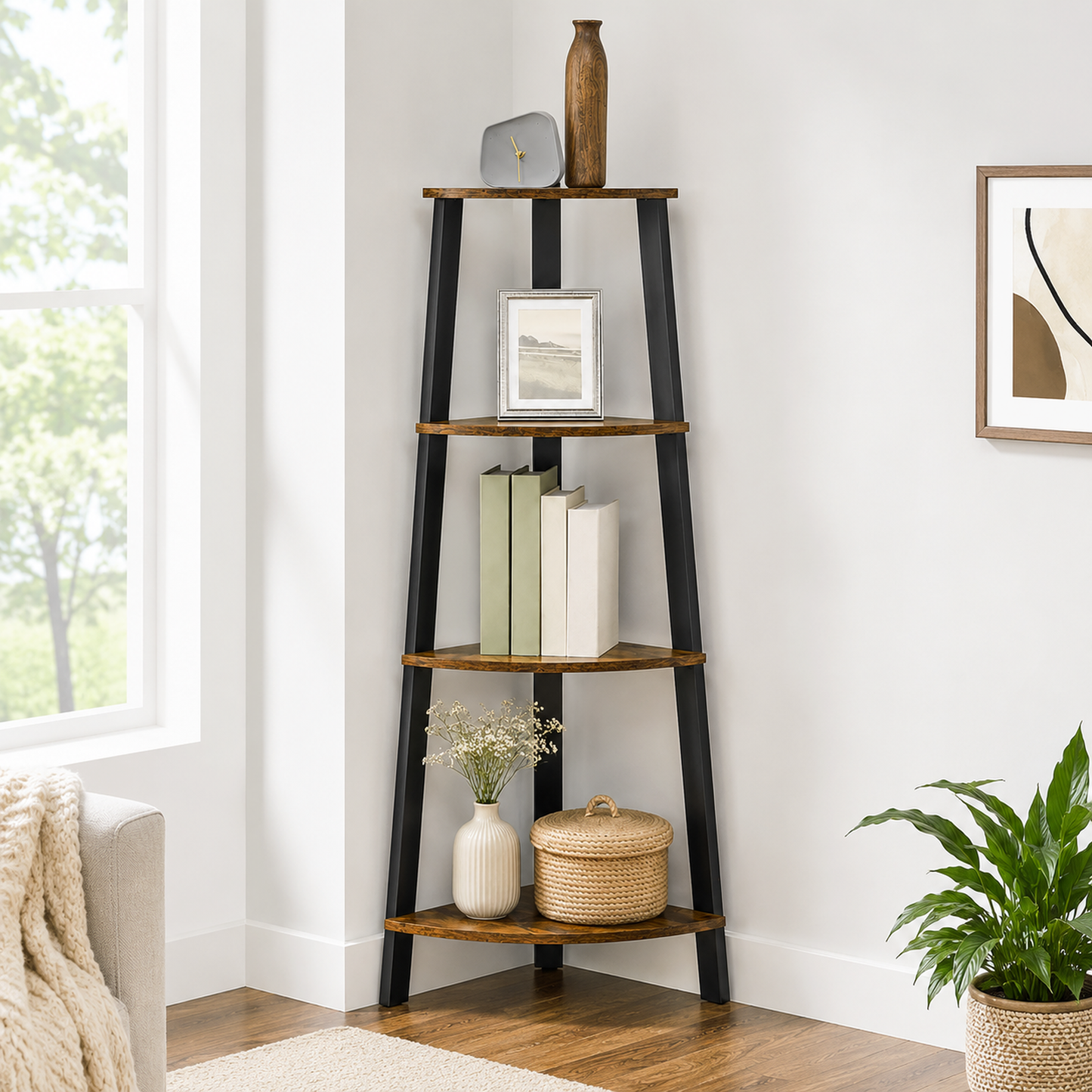 4-Tier Corner Ladder Shelf Unit Rustic Wood & Steel Display Stand Storage Rack