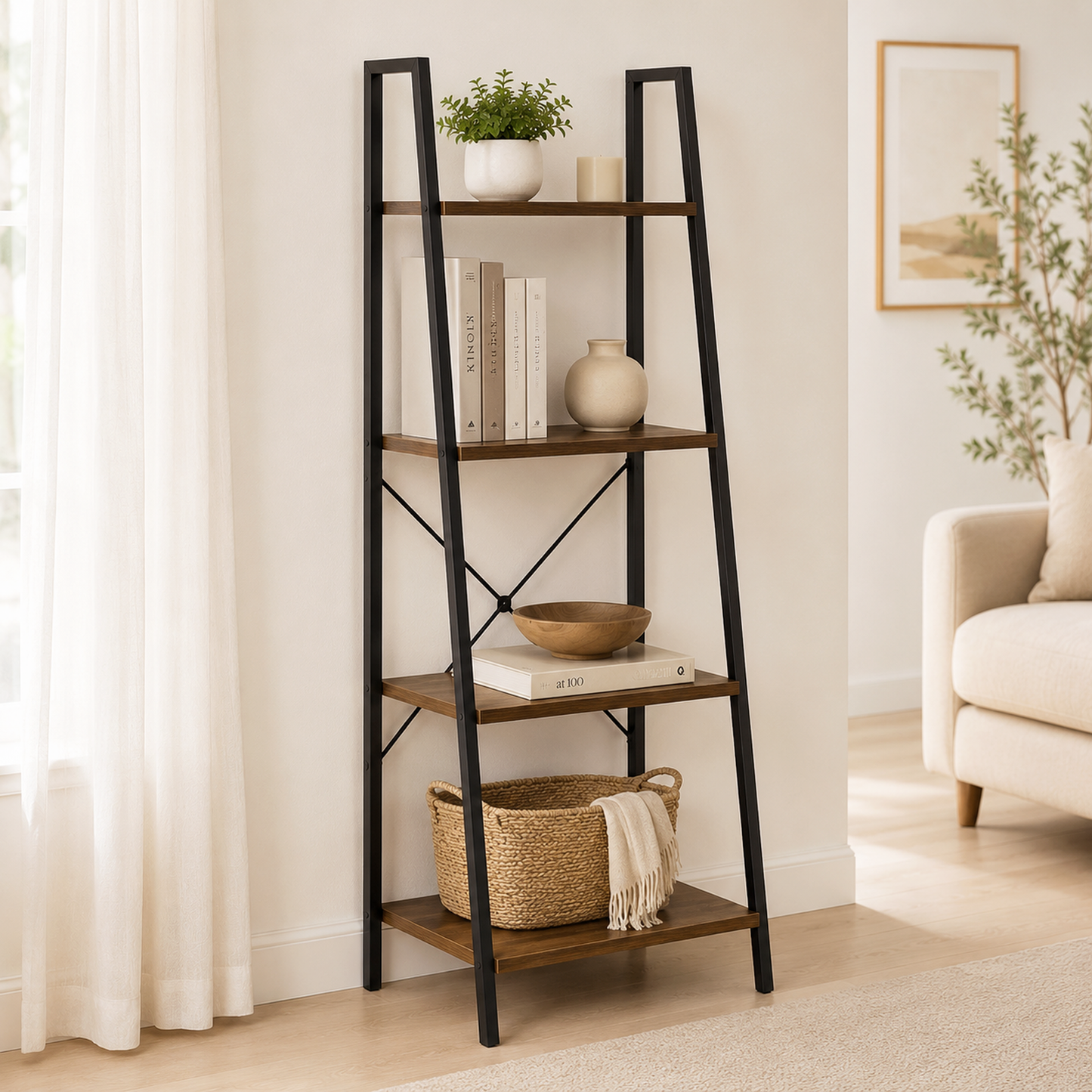 Elevate Rustic Wood & Metal 4-Tier Ladder Shelf Bookcase Storage Organizer