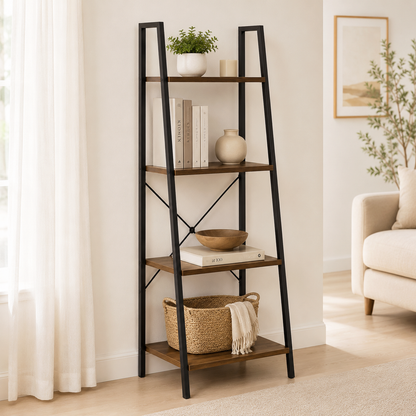 Elevate Rustic Wood & Metal 4-Tier Ladder Shelf Bookcase Storage Organizer
