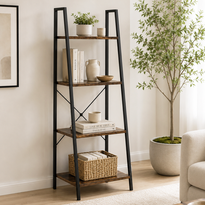 Elevate Rustic Wood & Metal 4-Tier Ladder Shelf Bookcase Storage Organizer