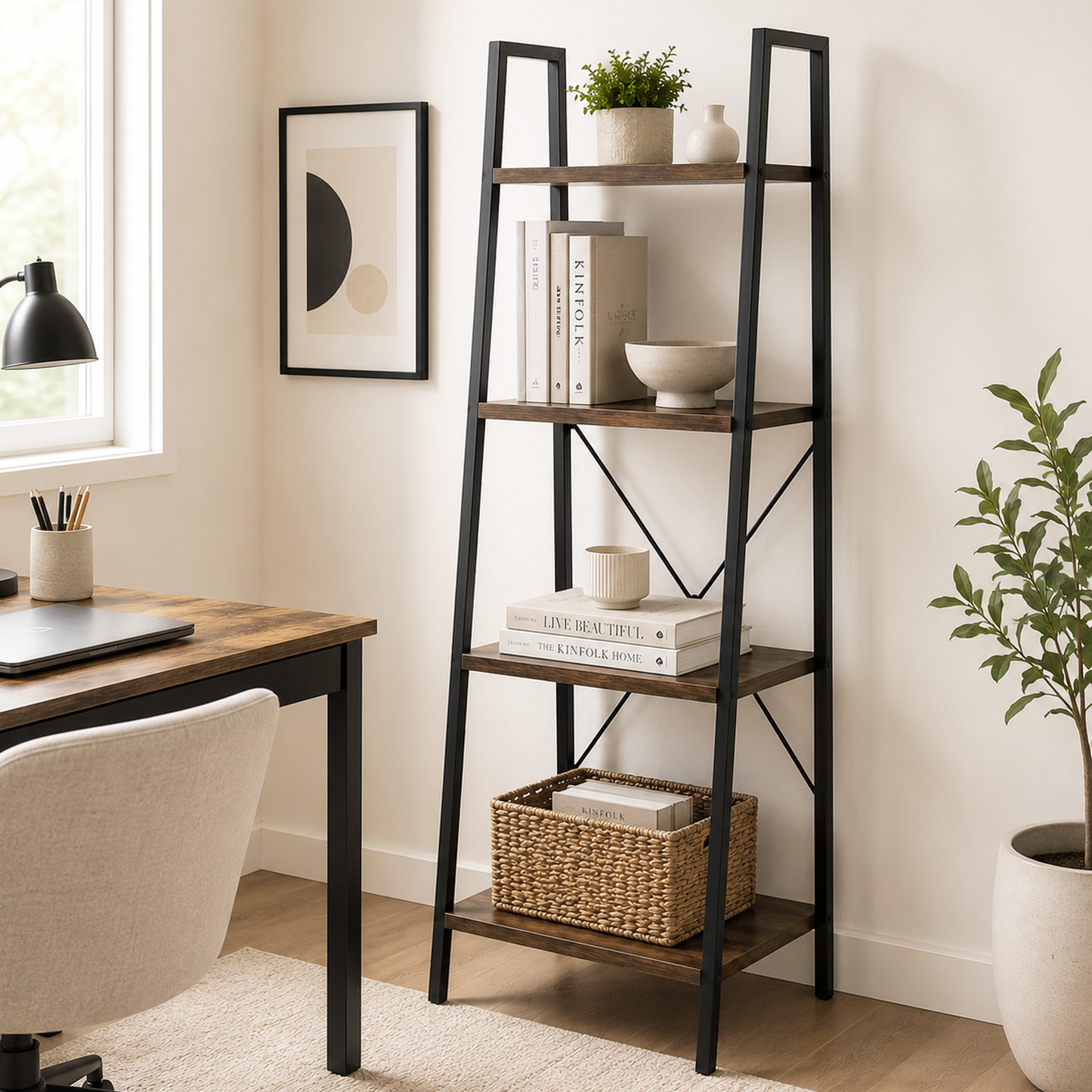 Elevate Rustic Wood & Metal 4-Tier Ladder Shelf Bookcase Storage Organizer