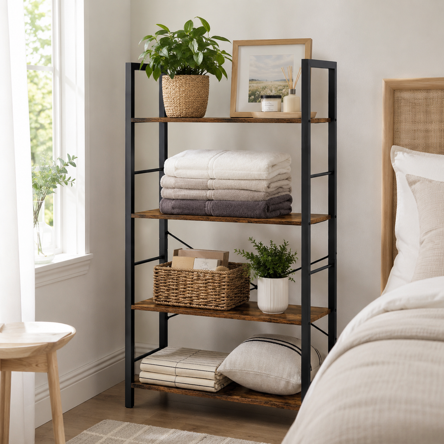 Multifunction Bookcase 4 Tier Rustic Wood & Steel Storage Shelf Organizer