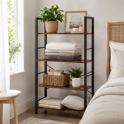 Multifunction Bookcase 4 Tier Rustic Wood & Steel Storage Shelf Organizer