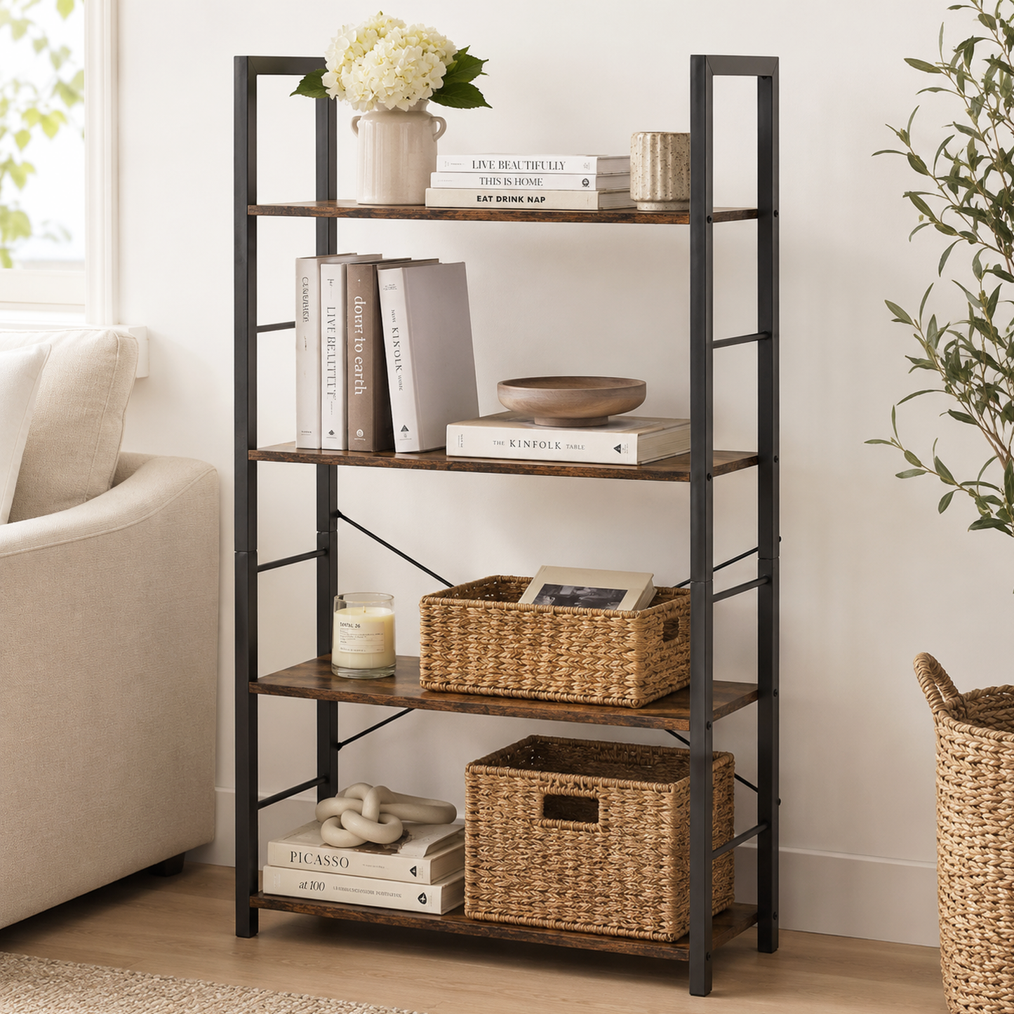 Multifunction Bookcase 4 Tier Rustic Wood & Steel Storage Shelf Organizer