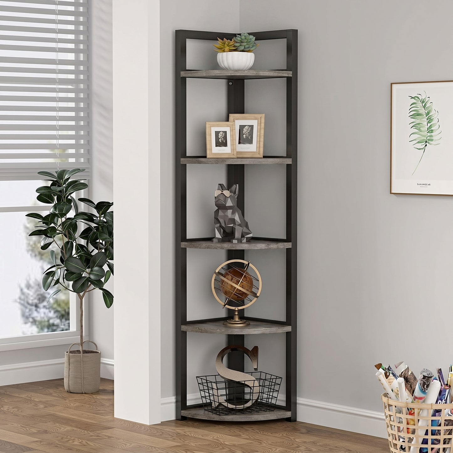 Optima 5 Tier Wood & Steel Corner Shelf Organizer Unit (Driftwood)