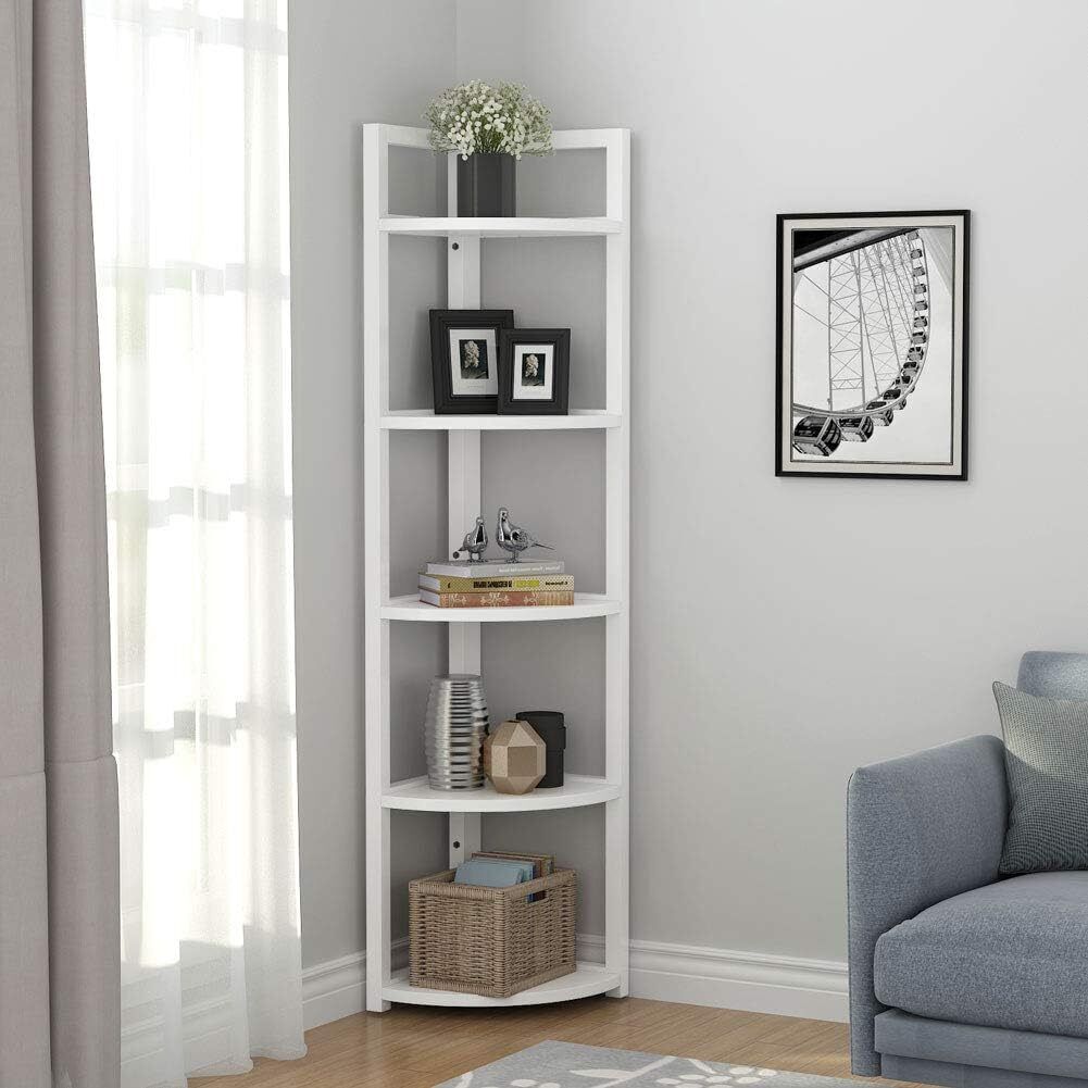 Deluxe 5 Tier Wood & Steel Corner Shelf Organizer Unit (White)