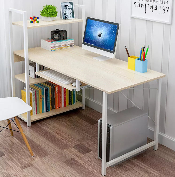 Genius Large Workstation Wood & Steel Computer Desk with Storage Shelves (White Oak)