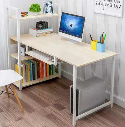 Genius Large Workstation Wood & Steel Computer Desk with Storage Shelves (White Oak)