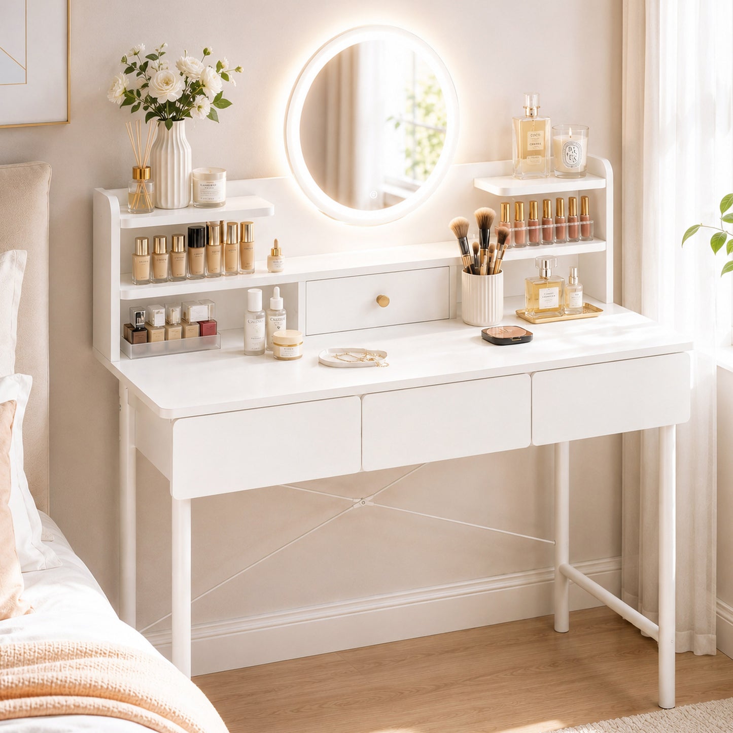 Luxe LED Large White Makeup Vanity Dressing Table Mirror Drawers Shelves