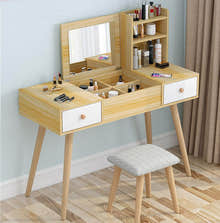 Glam Large Dresser Vanity Table with Mirror, Stool and Storage Shelves Set (Oak)