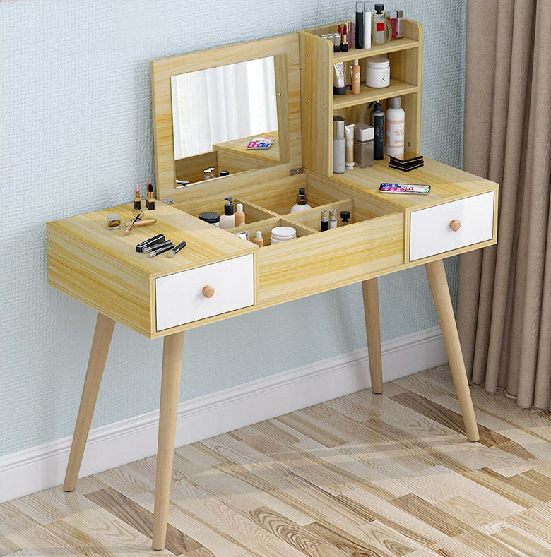 Glam Large Dresser Vanity Table with Mirror, Stool and Storage Shelves Set (Oak)