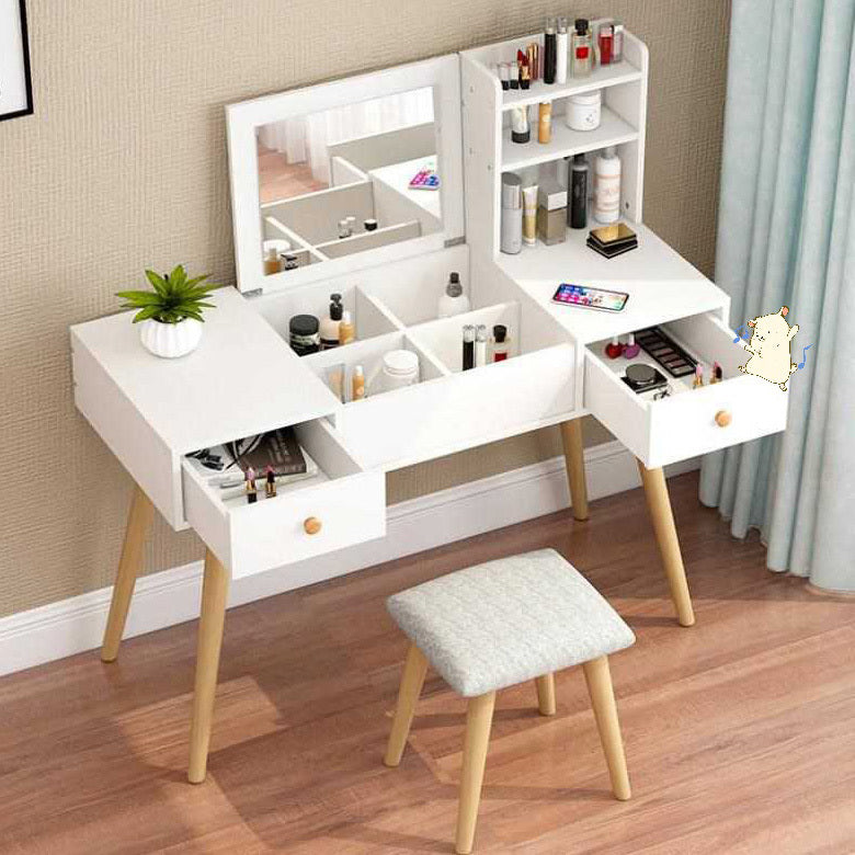 Glam Large Dresser Vanity Table with Mirror, Stool and Storage Shelves Set (White)